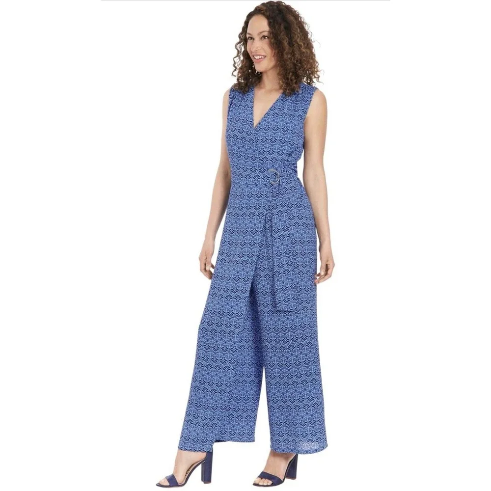 London Times Blue Tropical Leaves Print Halter Wide Leg Jumpsuit